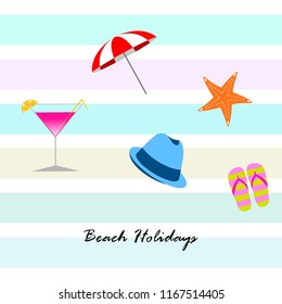 beach umbrella hat flip flops cocktail starfish beach holiday vector background