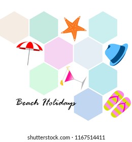 beach umbrella hat flip flops cocktail starfish beach holiday vector background