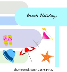 beach umbrella hat flip flops cocktail starfish beach holiday vector background