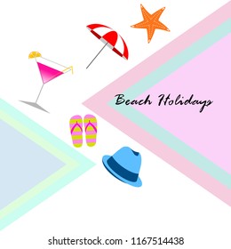beach umbrella hat flip flops cocktail starfish beach holiday vector background
