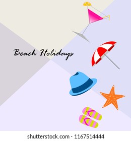 beach umbrella hat flip flops cocktail starfish beach holiday vector background