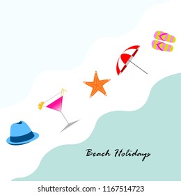 beach umbrella hat flip flops cocktail starfish beach holiday vector background