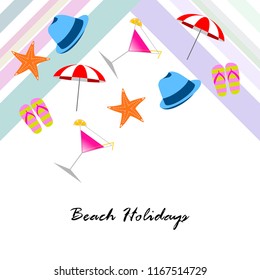 beach umbrella hat flip flops cocktail starfish beach holiday vector background