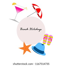 beach umbrella hat flip flops cocktail starfish beach holiday vector background