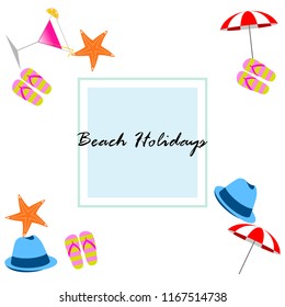beach umbrella hat flip flops cocktail starfish beach holiday vector background
