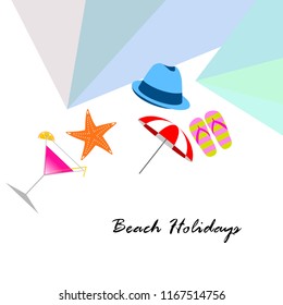 beach umbrella hat flip flops cocktail starfish beach holiday vector background