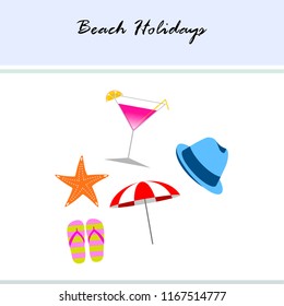 beach umbrella hat flip flops cocktail starfish beach holiday vector background