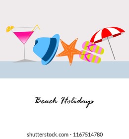 beach umbrella hat flip flops cocktail starfish beach holiday vector background