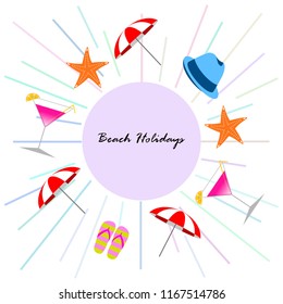 beach umbrella hat flip flops cocktail starfish beach holiday vector background