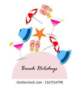 beach umbrella hat flip flops cocktail starfish beach holiday vector background