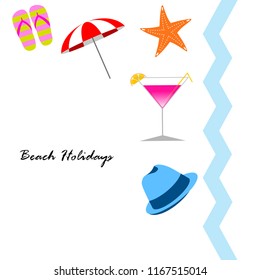 beach umbrella hat flip flops cocktail starfish beach holiday vector background