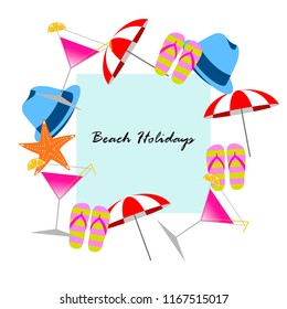 beach umbrella hat flip flops cocktail starfish beach holiday vector background
