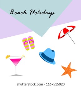 beach umbrella hat flip flops cocktail starfish beach holiday vector background
