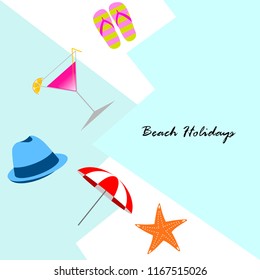 beach umbrella hat flip flops cocktail starfish beach holiday vector background