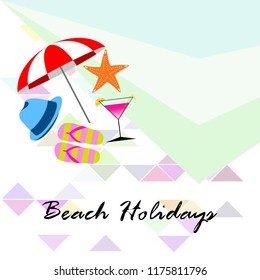 beach umbrella hat flip flops cocktail starfish beach holiday vector background