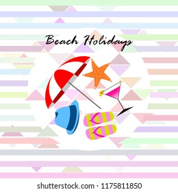 beach umbrella hat flip flops cocktail starfish beach holiday vector background