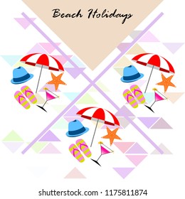 beach umbrella hat flip flops cocktail starfish beach holiday vector background