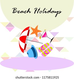 beach umbrella hat flip flops cocktail starfish beach holiday vector background