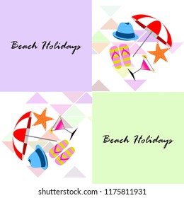 beach umbrella hat flip flops cocktail starfish beach holiday vector background