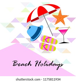 beach umbrella hat flip flops cocktail starfish beach holiday vector background