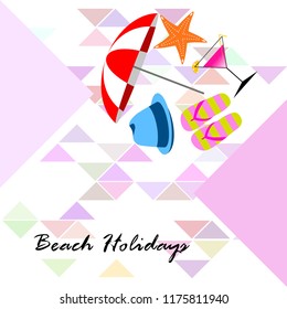 beach umbrella hat flip flops cocktail starfish beach holiday vector background