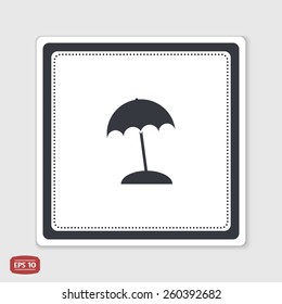 Beach and umbrella icon. Flat design style. Made in vector illustration. Emblem or label with shadow.