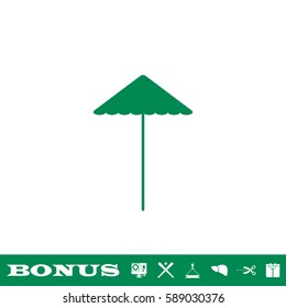 Beach umbrella icon flat. Green pictogram on white background. Vector illustration symbol and bonus button