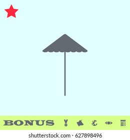 Beach umbrella icon flat. Grey pictogram on blue background. Vector illustration symbol and bonus buttons medal, cow, earth, eye, calculator