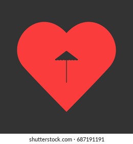 Beach umbrella icon flat. Simple pictogram on heart background. Vector illustration symbol