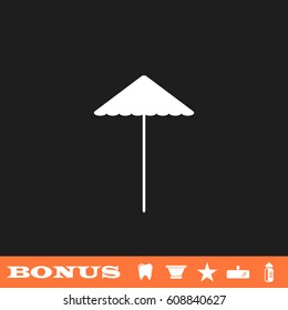 Beach umbrella icon flat. White pictogram on black background. Vector illustration symbol and bonus button tooth, vase, star, mirror, bottle