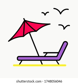 Beach umbrella icon isolated on white background, sunbed and umbrella, sea, icon for vacationers, vector.