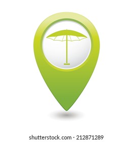 Beach umbrella icon on map pointer, vector illustration.