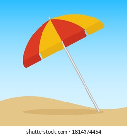 Beach umbrella icon on a sand and sky background. Vector, cartoon illustration. 