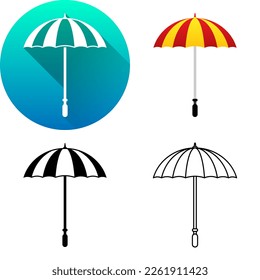 Beach Umbrella Icon Set of Flat Long Shadow, Color, Black-White Silhouette, Line Art Logo Symbol Isolated on White Background