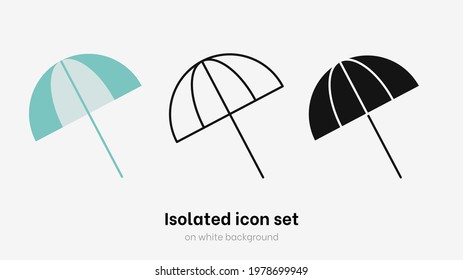 Beach umbrella icon set. Isolated beach umbrella on white background. Parasol protetct from sun and make shadow and chill on sand at sea and ocean beach. Sunlight protetcion icon and design element