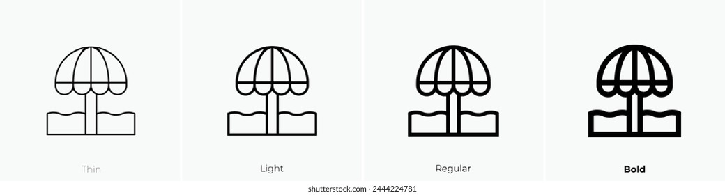 icono de sombrilla de playa. Diseño de estilo fino, ligero, regular y audaz aislado sobre fondo blanco