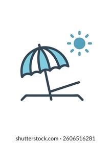 Beach umbrella icon, tourism icon, sun with beach, umbrella, ocean and sunshade icon, beach logo Colorful vector icon
