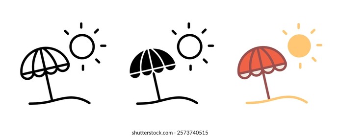 Beach umbrella icon. Vacation symbol. Sun and sea beach vector illustration. Holiday travel sign. Seaside sand coast. Sunshade pictogram. Resort relaxation trip. Summer relax tour journey. Sun parasol