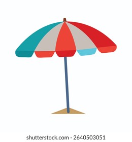 Beach umbrella illustration with red blue and grey panels on a sand spot