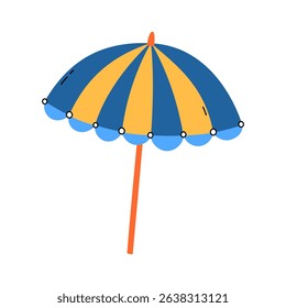 Beach umbrella isolated vector illustration. Colorful parasol with blue and yellow stripes. Summertime, beach, tropical design. Flat object with cute doodle elements