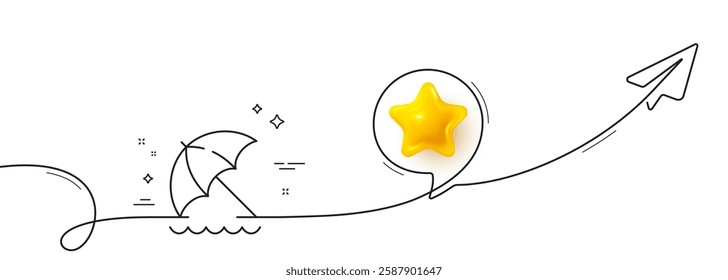 Beach umbrella line icon. Continuous line with share plane. Sun parasol sign. Summer vacation symbol. 3d star in speech bubble. Beach umbrella single line ribbon. Loop curve pattern. Vector