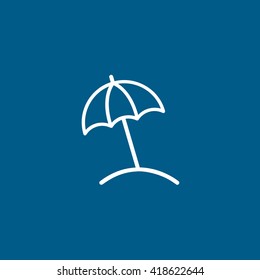 Beach umbrella line icon on blue background