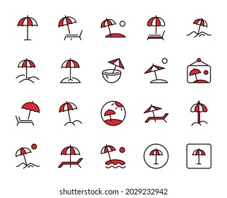 Beach umbrella line icon set. Collection of high quality color outline logo for mobile concepts and web apps. Travel set in trendy flat style. Vector illustration on a white background