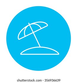 Beach umbrella line icon for web, mobile and infographics. Vector white icon on the light blue circle isolated on white background.