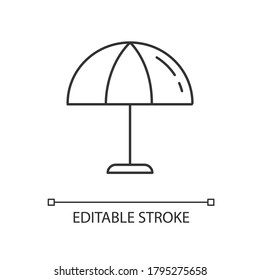 Beach umbrella linear icon. Parasol to protect from sun burn. Sunbathing in summertime. Thin line customizable illustration. Contour symbol. Vector isolated outline drawing. Editable stroke