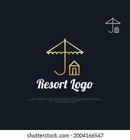 Beach Umbrella Logo Design with House in Gold Line Style, Suitable for Travel, Tourism or Resort Industry Identity