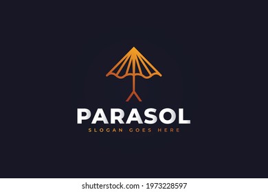 Beach Umbrella Logo with Vintage Style in Linear Concept. Parasol Logo Design Template. Usable for Business and Branding Logos