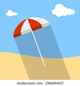 Beach umbrella with long shadow against the background of the sky and sand. Vector, cartoon illustration. Vector.
