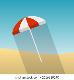 Paraguas de playa con una gran sombra sobre el fondo del cielo y de la arena. Vector, ilustración de dibujos animados. Vector.