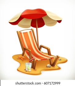 Beach umbrella and lounge chair. 3d vector icon